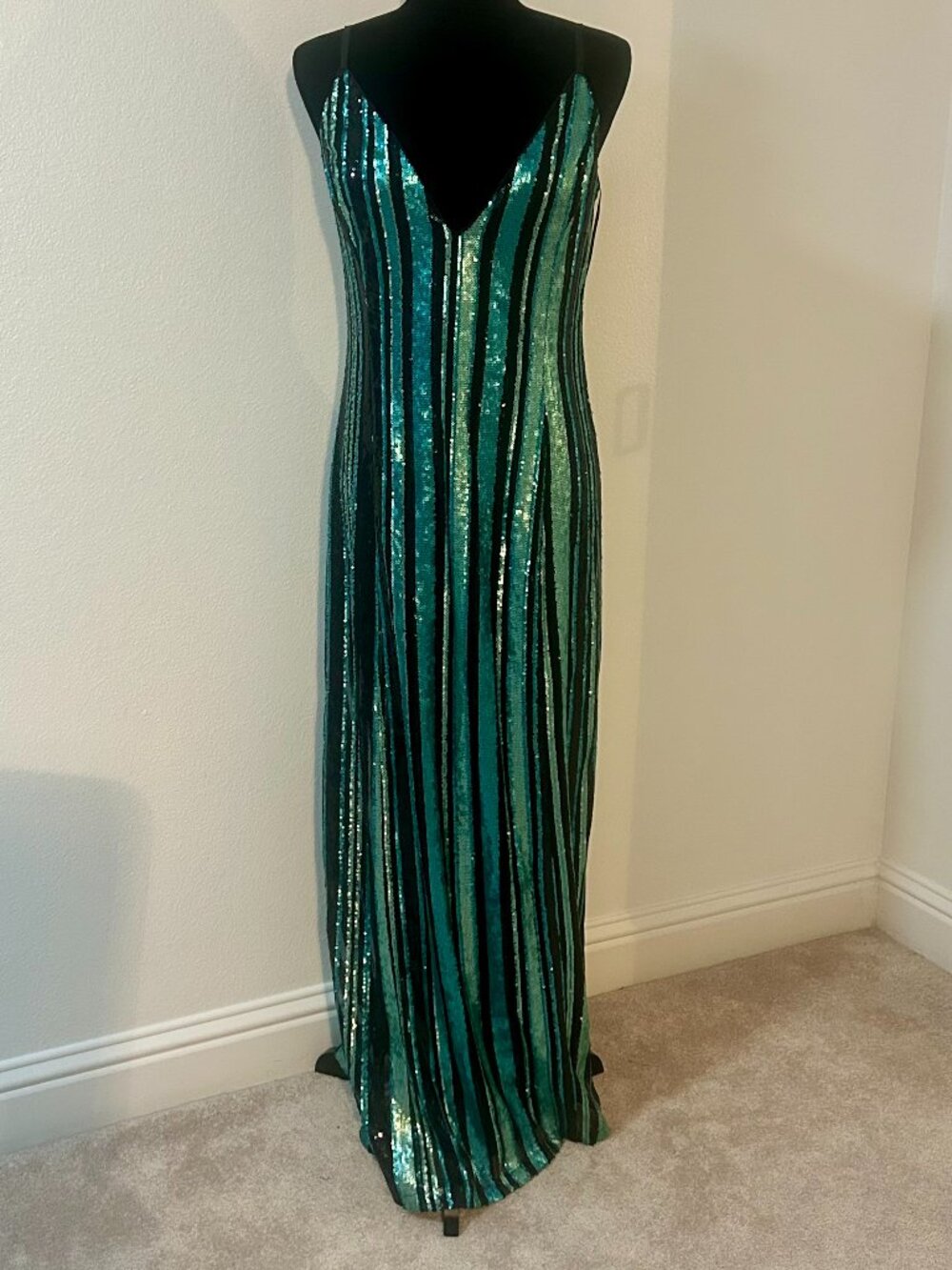Johnny Wujek JCPenney Sequin Stripe Maxi Gown Prom Emerald Teal Black L NWT